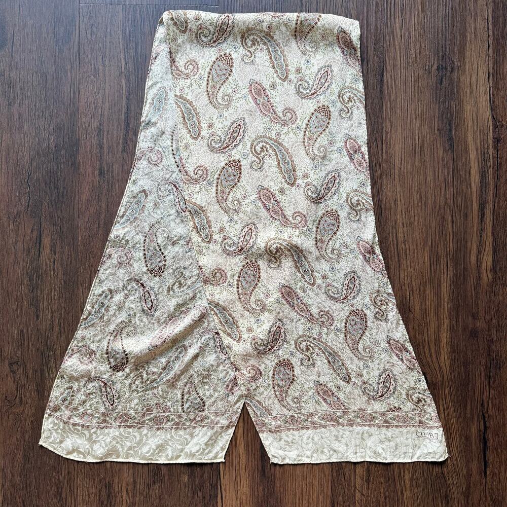 Club 7 by Echo Paisley Silk Blend Scarf Cream Beige Pink Boho 47x9.75